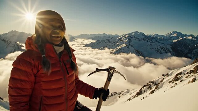 Female Alpinist in Snow Mountain Landscape - A woman in an orange jacket stands atop a snow-covered mountain, holding an ice axe, with a vast cloudscape and mountain range in the background.