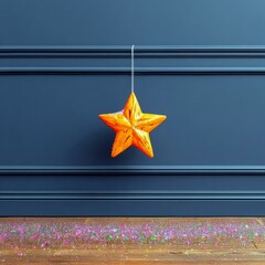 A festive orange star ornament hangs from a string against a dark blue wall, with colorful glitter scattered on the wooden floor.
