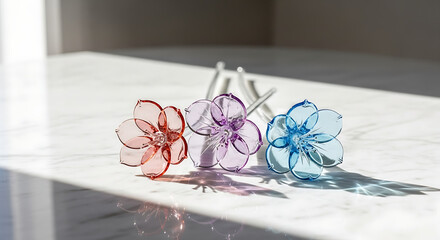 Translucent floral ornaments: red, purple, blue, on white marble