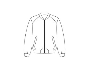 Bomber jacket fashion flat sketch, stylish outerwear design, front and back view technical drawing, unisex casual jacket template, apparel illustration