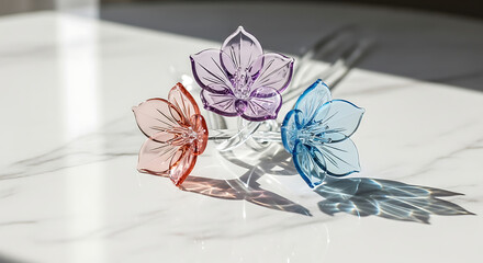 Colorful glass flower sculptures casting shadows on marble surface