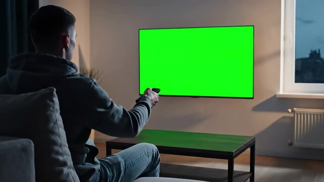 Green Screen man watching television in living room evening young guy sitting on sofa against tv with chroma back view male person switching channels using remote controller scene 1 distortion