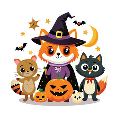 Halloween pumpkin set with a witch and spooky cartoon elements