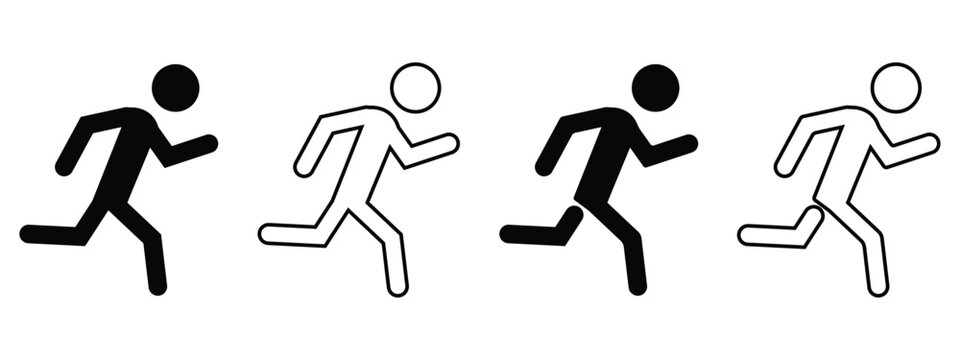 Two Running Figures Silhouette Set &ndash; Stick Figures Jogging & Sprinting, Fast Motion Black-and-White Athlete Icons