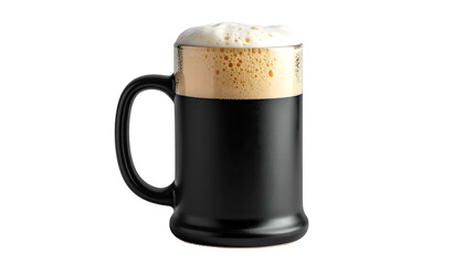 A full black beer mug with a thick creamy head of foam, isolated against a black background