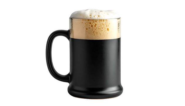 A full black beer mug with a thick creamy head of foam, isolated against a black background