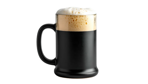 A full black beer mug with a thick creamy head of foam, isolated against a black background