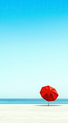 A vibrant red umbrella is positioned on a white wooden deck, facing the calm blue ocean and clear sky, evoking a sense of peaceful solitude.