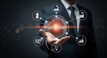 Businessman holding a glowing sphere with icons representing business strategy, industry, growth, innovation, and operations, symbolizing crossfunctional collaboration and synergy