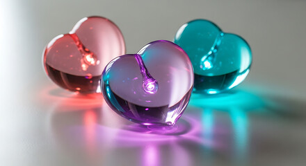 Three glowing glass hearts reflecting colorful light on surface