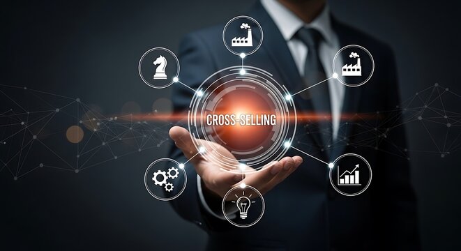 Businessman holding a glowing sphere with icons representing business strategy, industry, growth, innovation, and operations, symbolizing crossfunctional collaboration and synergy