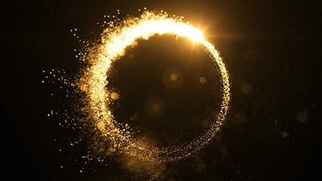 Golden glowing circular light ring with sparkling particles on dark background abstract energy swirl futuristic magic illumination design