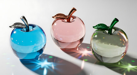 Colorful glass apples: blue, pink, green, with star-like light