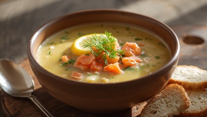 Creamy Culinary Composition. A Warm Bowl of Comfort, Enhanced by Natural Lighting.