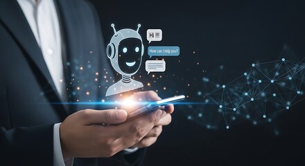 Businessman holding a smartphone with a chatbot icon and network connections, representing artificial intelligence and communication
