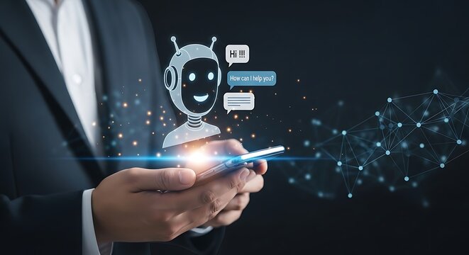 Businessman holding a smartphone with a chatbot icon and network connections, representing artificial intelligence and communication