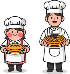 Cartoon male and female bakers holding fresh homemade pies, happy chefs in uniform, bakery cooking illustration concept design