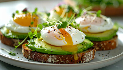 Avocado toast with poached eggs and fresh microgreens, tasty breakfast snack, delicious and healthy