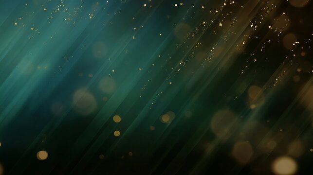 Dynamic dark teal abstract background texture featuring diagonal golden light streaks, falling particles, and deep bokeh effects.