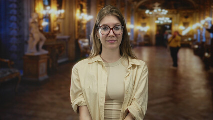 Woman with glasses shows palms up gesture in an ornate museum hall with sculptures and chandeliers;...