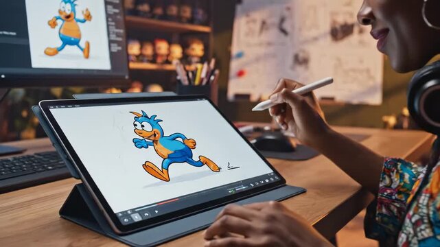 Digital Artist Creating Cartoon Character - A young woman artist is using a digital tablet and stylus to draw a colorful cartoon character.