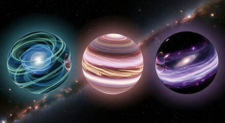 Three cosmic spheres, futuristic abstract planets in deep space