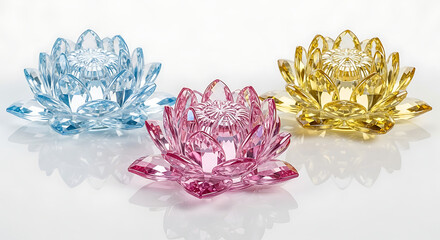 Sparkling crystal lotus flowers in blue, pink, and yellow hues