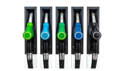 Close-up of five fuel pump nozzles, each with a different colored handle