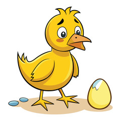 Cute cartoon baby chick on farm illustration with egg and hen