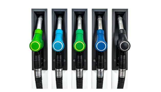 Close-up of five fuel pump nozzles, each with a different colored handle