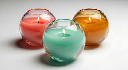 Colorful scented candles glowing in glass holders, white background