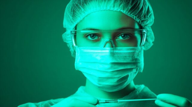 Medical professional wearing a surgical mask and safety glasses holds a diagnostic swab in an intense, dramatic green laboratory setting.