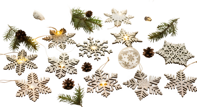 Overhead arrangement of illuminated snowflake string lights, pine cones, and evergreen sprigs on a white backdrop, creating a festive and inviting holiday scene isolated on transparent background