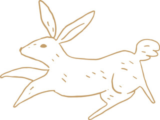 Whimsical line art golden illustration of running rabbit. Vector Christmas doodle graphic