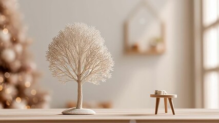 White wire tree sculpture on wooden surface with stool beside it. Blurred background with Christmas lights and decor. Minimalist New Year ornament in neutral tones for holiday styling and festive atmo