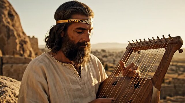 Ancient Musician Playing Lyre - A bearded man wearing a headband plays a stringed lyre on a rocky hilltop. An ancient city is visible in the background, bathed in the warm light.