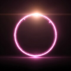 Obraz premium Neon pink glowing futuristic circular frame with bright orange light flare on a dark abstract background.