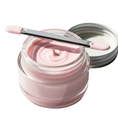 A jar of pink cream with a spatula on a transparent background isolated on transparent background