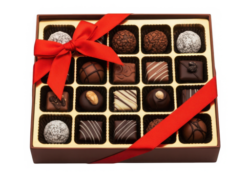 Box of assorted chocolates with red ribbon isolated on transparent background