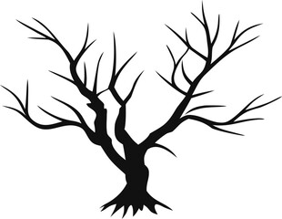 Obraz premium Black tree silhouette vector illustration with bare branches and flying birds design