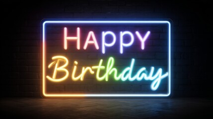 Rainbow glowing happy birthday neon sign illuminated on a dark brick wall background.