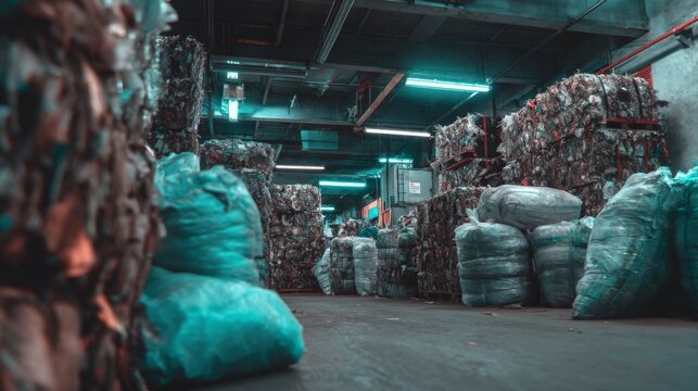 A cluttered waste management facility showcasing heaps of garbage under industrial lighting, highlighting environmental challenges.