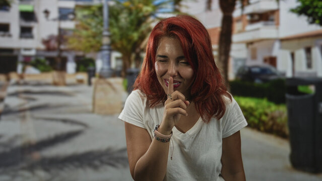 Woman with red hair and white t shirt, finger to lips for silence on a sunny street with palm trees and building facades; silence.