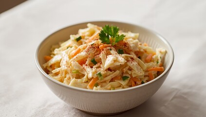 Culinary Still Life with Textured Salad and Vibrant Color Accents on a Neutral Surface.
