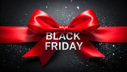 Festive Black Friday design with shiny red bow, bold “BLACK FRIDAY” text, and glittering sparkles on dark background.