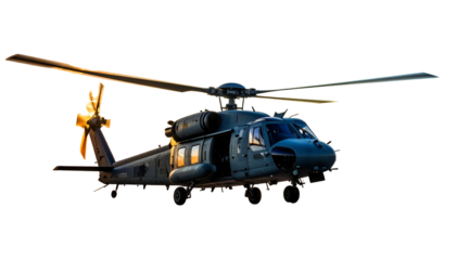 A dark gray helicopter with open door and rotating blades at sunset