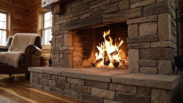 Rustic Stone Fireplace - A cozy scene features a stone fireplace with a warm fire burning inside, along with a leather armchair and soft blanket in a wood-paneled room.
