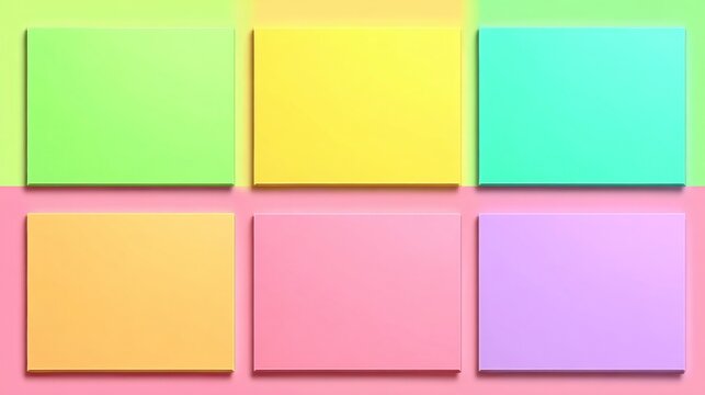 Six bright pastel-colored rectangular 3d graphic blocks arranged in a vibrant two-row organized grid on a split background.