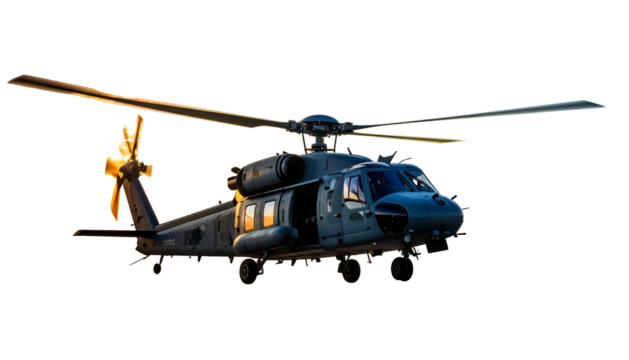 A dark gray helicopter with open door and rotating blades at sunset