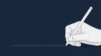 Stylized digital hand holding a pencil writing a straight line on a dark technical background, illustrating design, planning, or signature.